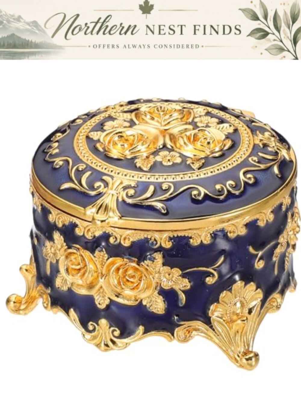 Vintage Metal Jewelry Box Round Trinket Organizer Zinc Alloy Lined Storage